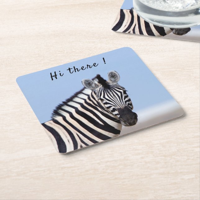 Zebra looking at you with blue sky photo text square paper coaster (Angled)