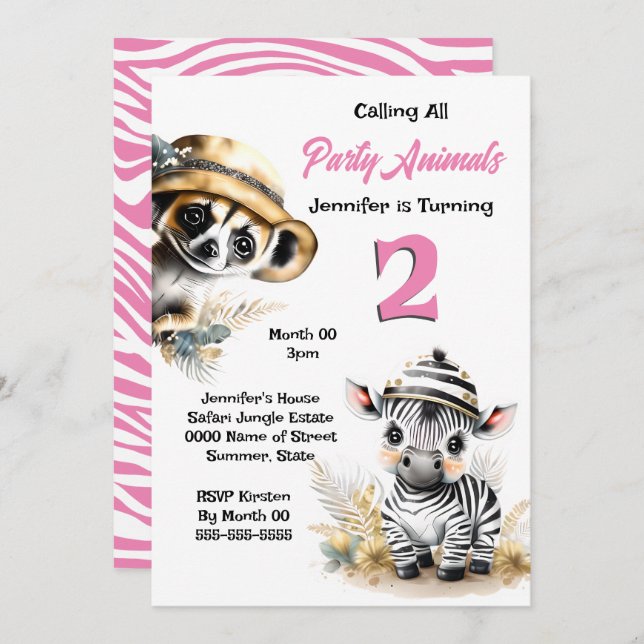 Zebra meerkat jungle safari wild animals pink girl invitation (Front/Back)