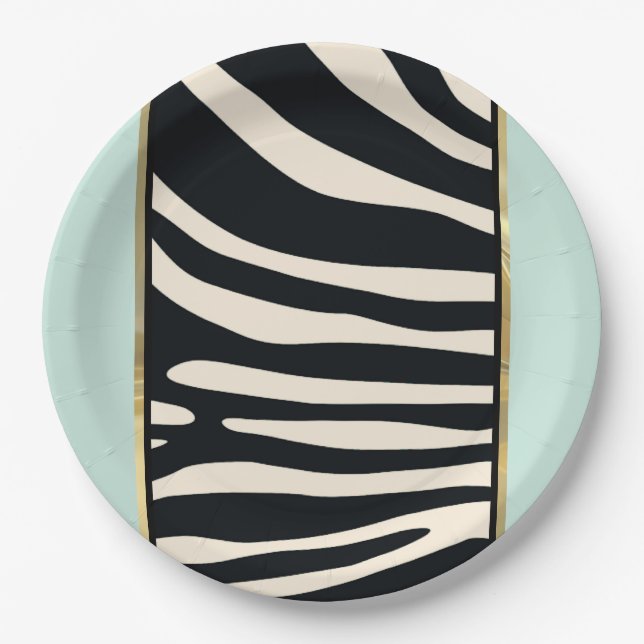 Zebra mint green, black and cream print paper plate (Front)