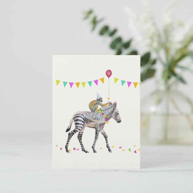 Zebra Monkey balloon party Antwoordkaart RSVP Card (Standing Front)