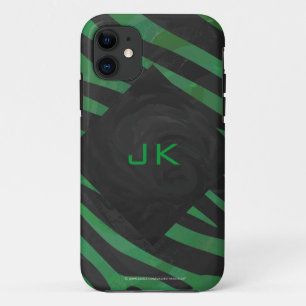 Zebra Monogram Black and Green Print iPhone 11 Case