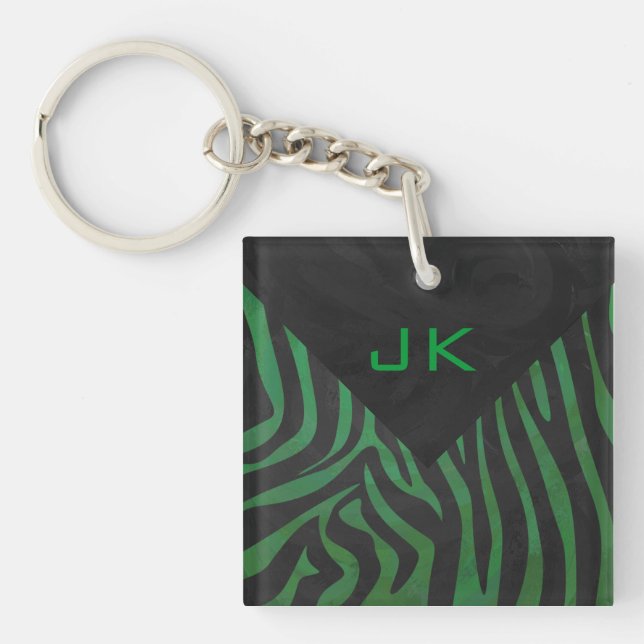 Zebra Monogram Black and Green Print Key Ring (Front)