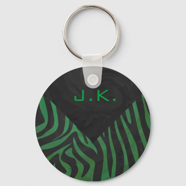 Zebra Monogram Black and Green Print Key Ring (Front)