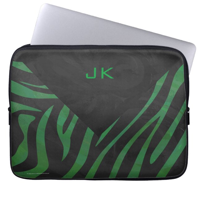 Zebra Monogram Black and Green Print Laptop Sleeve (Front)
