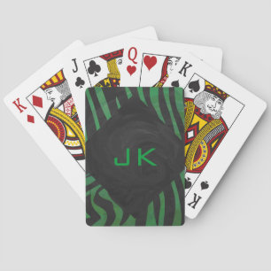 Zebra Monogram Black and Green Print Playing Cards
