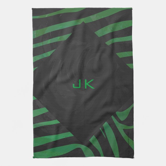 Zebra Monogram Black and Green Print Tea Towel (Vertical)