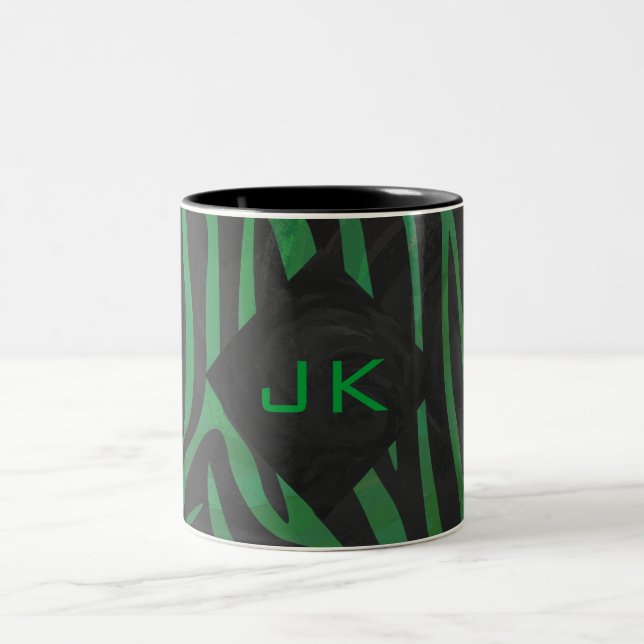 Zebra Monogram Black and Green Print Two-Tone Coffee Mug (Center)