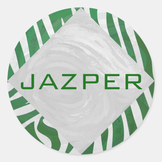 Zebra Monogram Green and White Print Classic Round Sticker (Front)