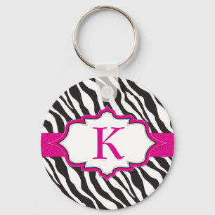 Zebra Monogram Pink Ribbon Keychain