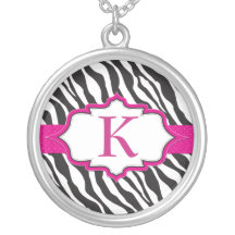 Zebra Monogram Pink Ribbon Necklace