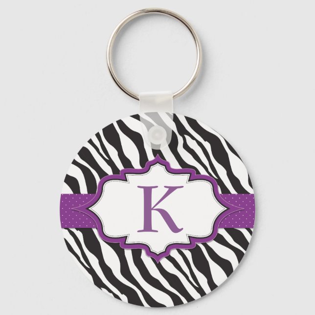 Zebra Monogram Purple Ribbon Keychain (Front)