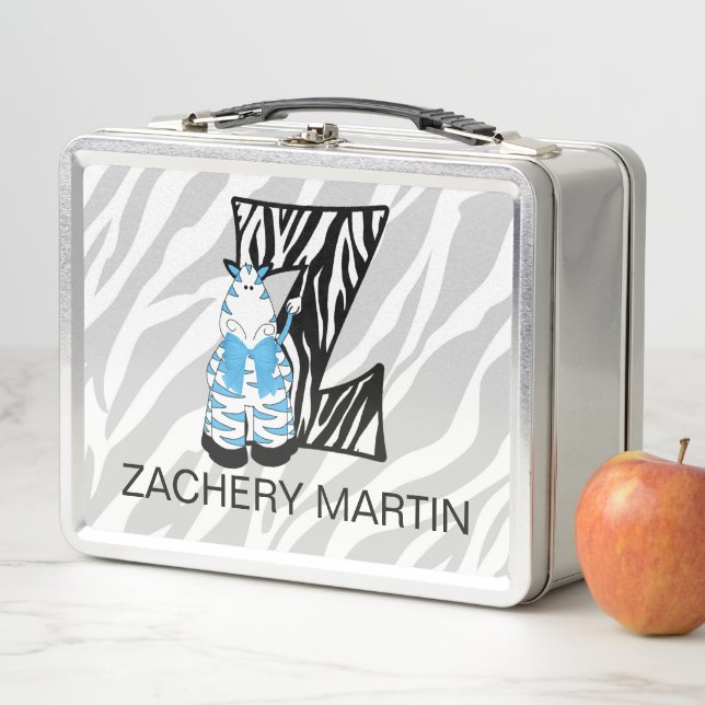 Zebra Monogrammed Letter Z Animal Print Blue Metal Lunch Box (In Situ)
