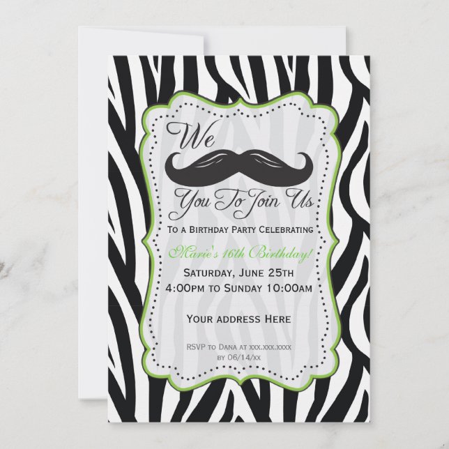 Zebra Moustache Birthday - Black & Lime Green Invitation (Front)