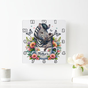 Zebra Mum: Foal, Flowers, Mother's Day Square Wall Clock