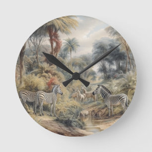 Zebra Oasis Botanical Safari Home Decor Art Round Clock