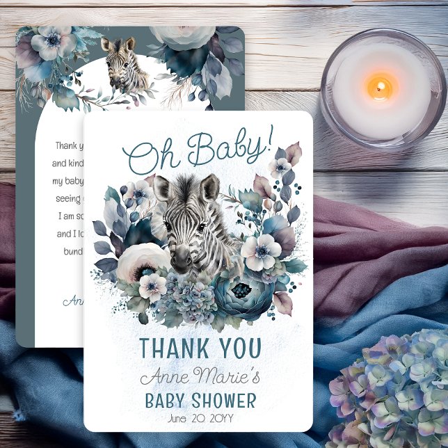 Zebra Oh Baby Blue Floral Baby Shower Thank You Card (Zebra "Oh Baby" Blue Floral Baby Shower Thank You Card)