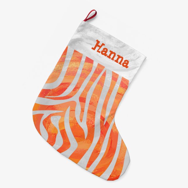 Zebra Orange and White and Name Large Christmas Stocking (Front (Hanging))