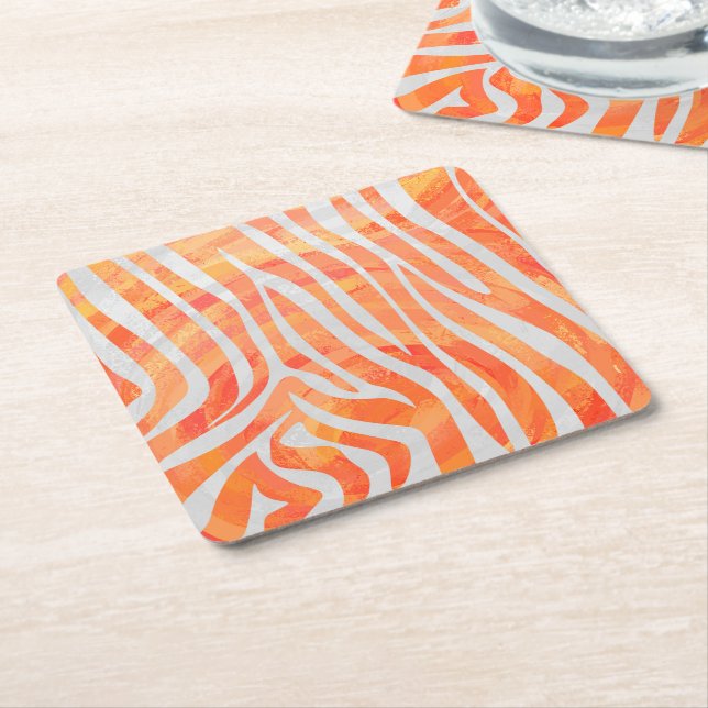 Zebra Orange and White Print Square Paper Coaster (Angled)