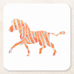 Zebra Orange and White Silhouette Square Paper Coaster