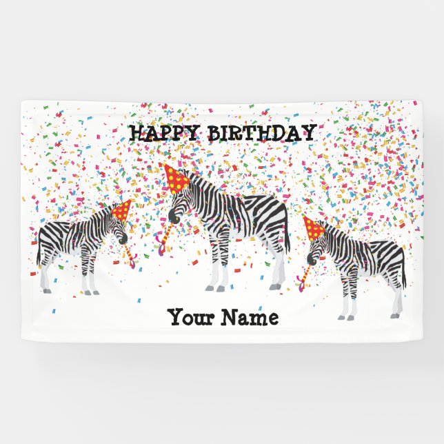 Zebra Partying - Animals at Birthday Party Banner (Horizontal)