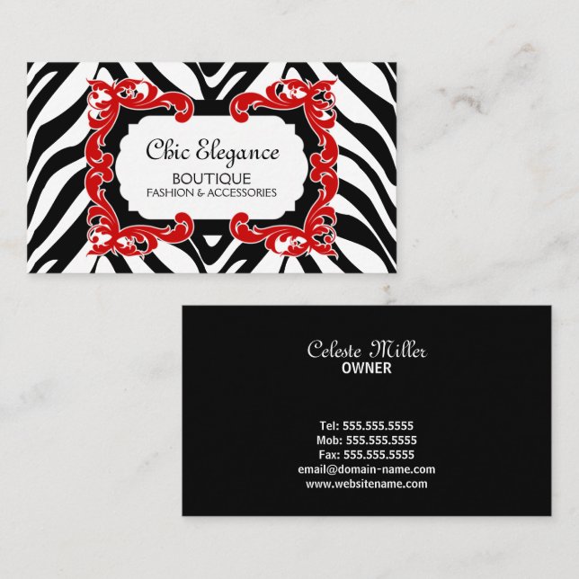 Zebra Pattern and Red Flourish Business Card (Front/Back)