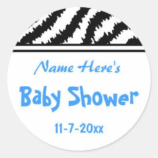 Zebra Pattern Baby Shower. Blue, Black and White. Classic Round Sticker