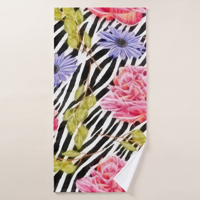 Zebra Pattern Pink Flowers and Stripes Bath Towel (Bath Towel)