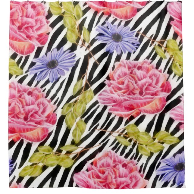 Zebra Pattern Pink Flowers and Stripes Shower Curtain (Front)