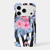 Zebra Pattern With Tropical Hibiscus and Flamingos