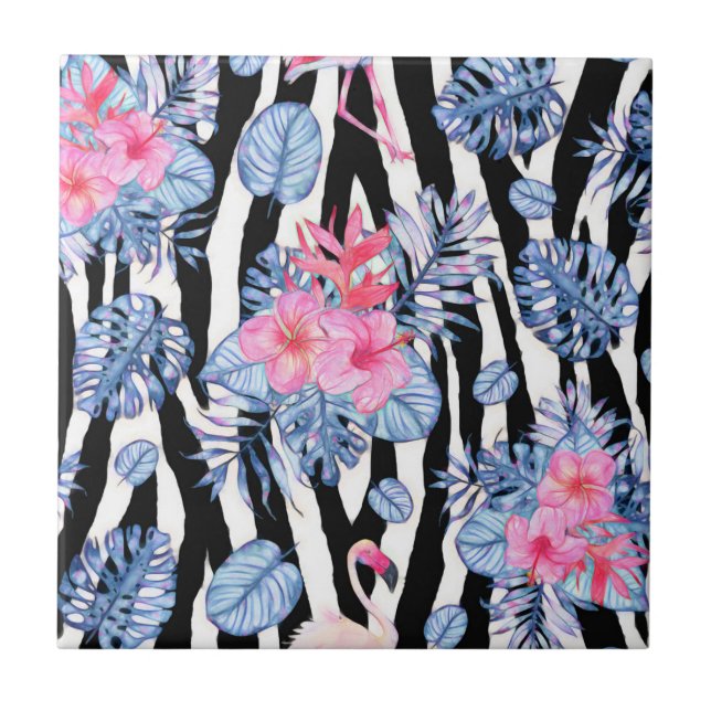 Zebra Pattern With Tropical Hibiscus and Flamingos Tile (Front)