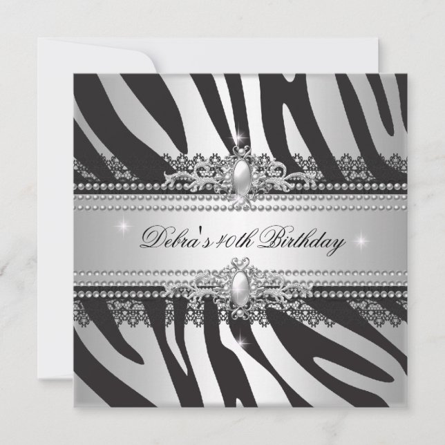 Zebra Pearl Black Silver White 40th Birthday Party Invitation (Front)