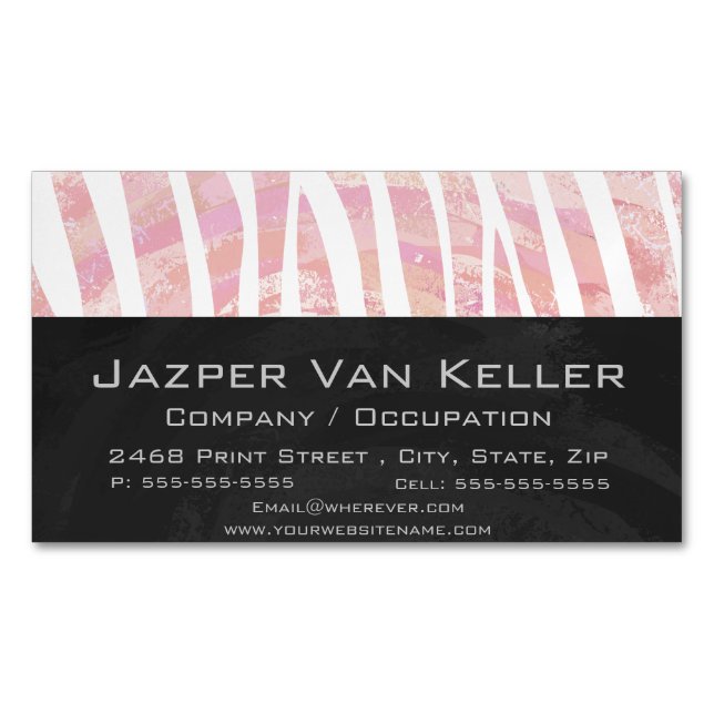 Zebra Pink and White Print Magnetic Business Card (Front)