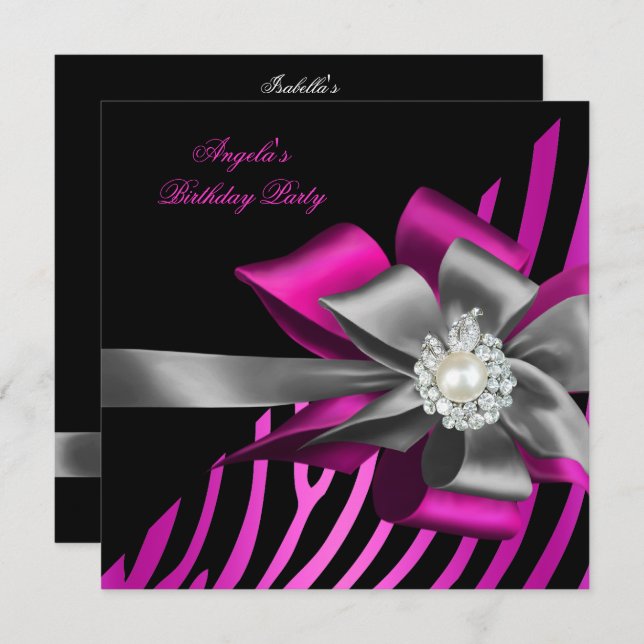 Zebra Pink Black Silver Bow Pearl Birthday Party Invitation (Front/Back)