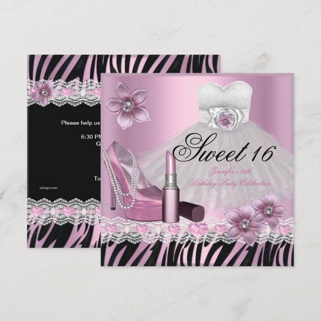 Zebra Pink Black Sweet Sixteen 16 Dress Lipstick 2 Invitation (Front/Back)