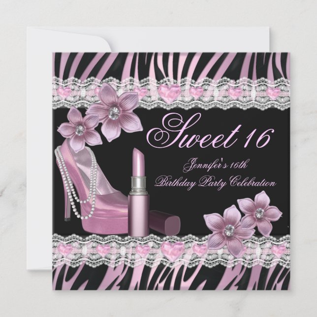 Zebra Pink Black Sweet Sixteen 16 Party Lipstick Invitation (Front)