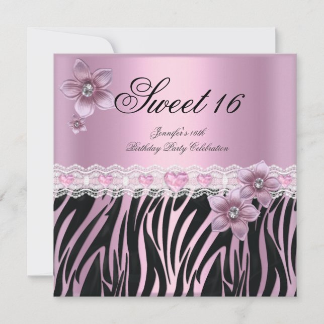 Zebra Pink Black Sweet Sixteen Sweet 16 PARTY Invitation (Front)