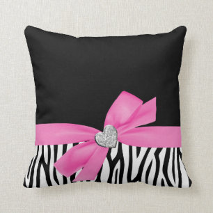 Zebra Pink Bow Diamond Heart Cushion