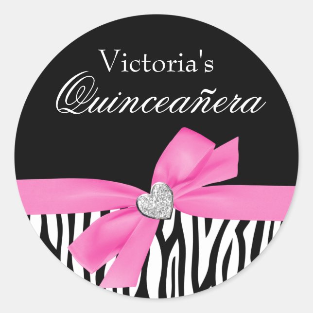 Zebra Pink Bow Diamond Quinceanera Classic Round Sticker (Front)
