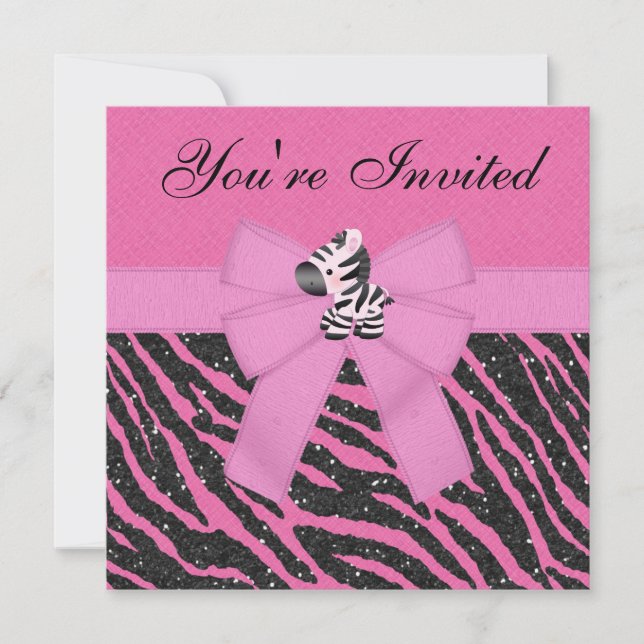 Zebra, Pink Cupcakes & Animal Print Glitter Party Invitation (Front)