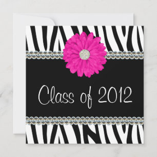 Zebra Pink Daisy Faux Gems Graduation Announcement