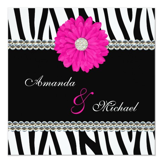 Zebra Pink Daisy Printed Gems Wedding Invitations