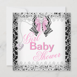 Zebra Pink Girl Baby Shower Lace Invitation