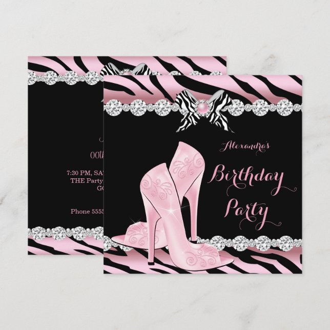 Zebra Pink Glamour High Heels Birthday Party 3 Invitation (Front/Back)