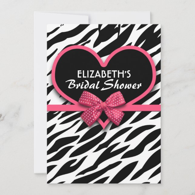 zebra pink heart bridal shower invitations (Front)