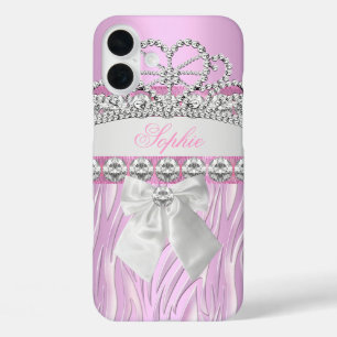 Zebra Pink Princess Tiara Diamond Girly iPhone 16 Plus Case