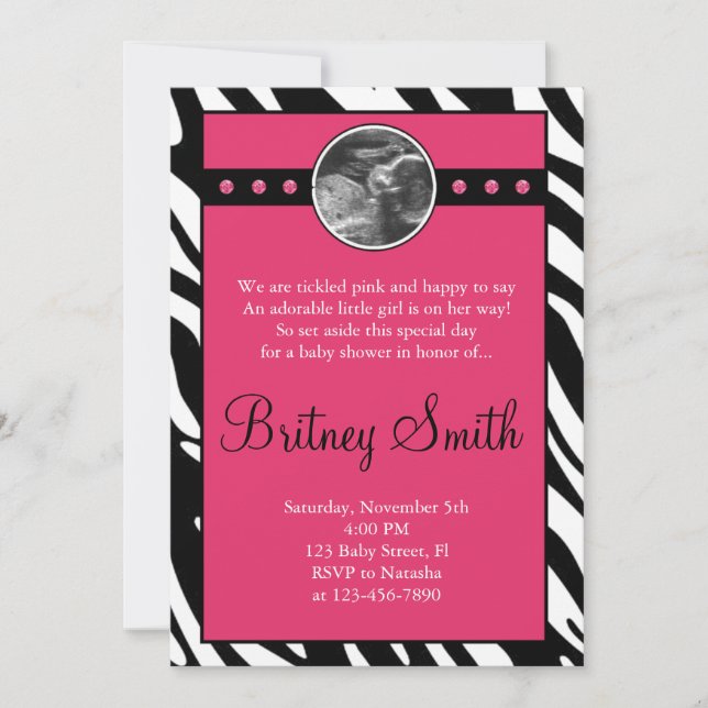 Zebra Pink Sonogram Photo Baby Shower Invitation (Front)