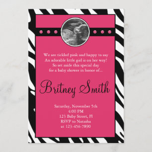 Zebra Pink Sonogram Photo Baby Shower Invitation