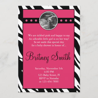 Zebra Pink Sonogram Photo Baby Shower Invitation