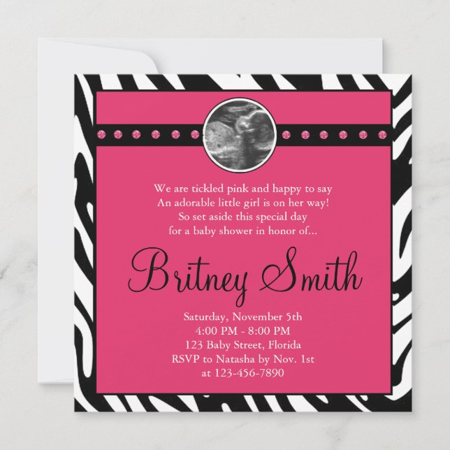Zebra Pink Sonogram Photo Baby Shower Invitation (Front)