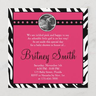 Zebra Pink Sonogram Photo Baby Shower Invitation